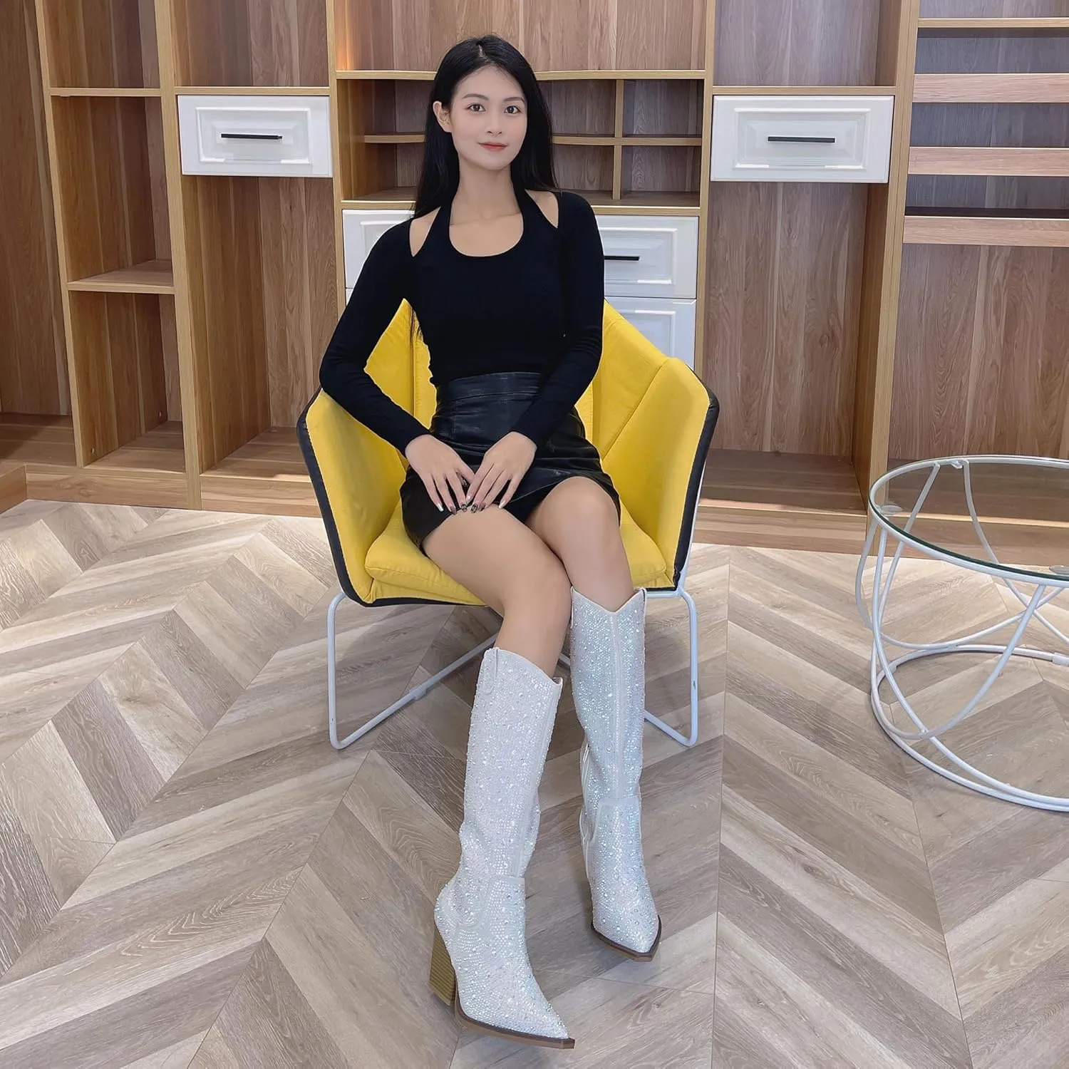 Women's Rhinestone Knee High Boots Western Cowgirl Boots Cowboy Boots Chunky Heel Pointed Toe Sparkly Mid Calf Boots