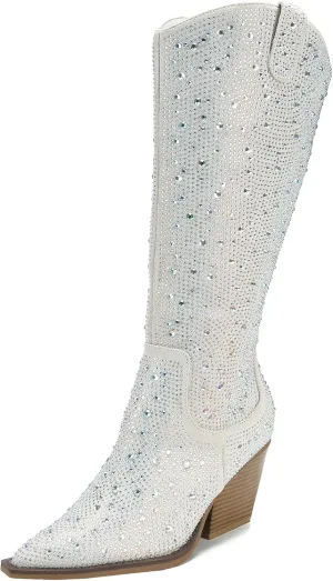 Women's Rhinestone Knee High Boots Western Cowgirl Boots Cowboy Boots Chunky Heel Pointed Toe Sparkly Mid Calf Boots