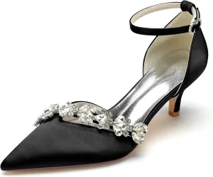 Women's Rhinestones Kitten Heel Pumps Shoes Pointed Toe Crystal Wedding Shoes Ankle Straps Prom Evening Dress Shoes