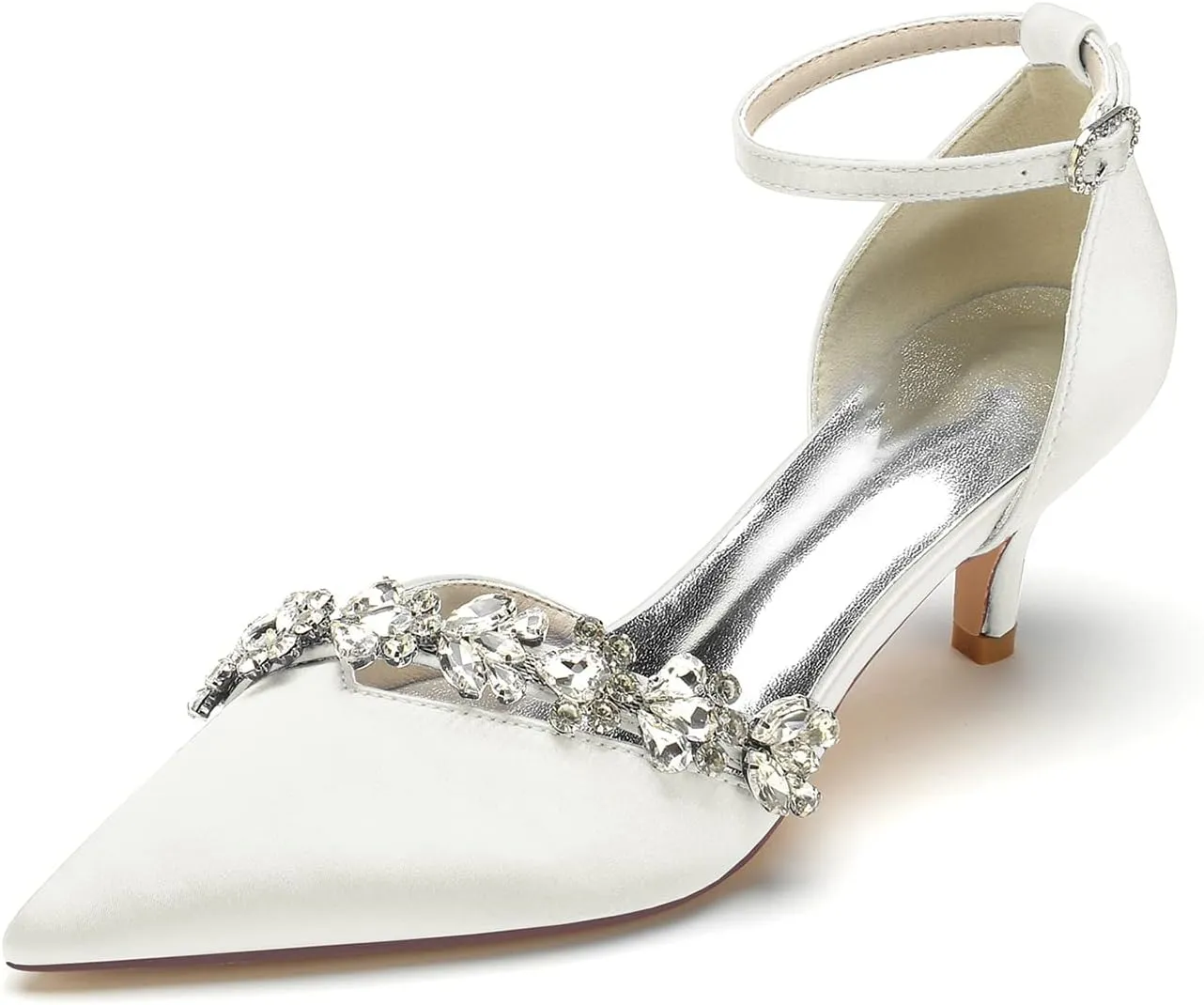 Women's Rhinestones Kitten Heel Pumps Shoes Pointed Toe Crystal Wedding Shoes Ankle Straps Prom Evening Dress Shoes