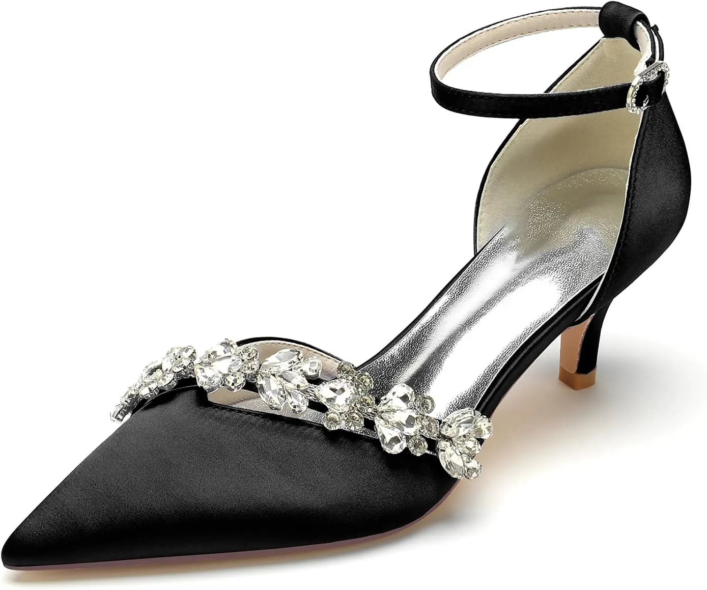 Women's Rhinestones Kitten Heel Pumps Shoes Pointed Toe Crystal Wedding Shoes Ankle Straps Prom Evening Dress Shoes