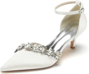 Women's Rhinestones Kitten Heel Pumps Shoes Pointed Toe Crystal Wedding Shoes Ankle Straps Prom Evening Dress Shoes