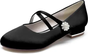 Women's Round Toe Crystal Flats Satin Comfortable Ballet Shoes Wedding Evening Party Flat Pumps