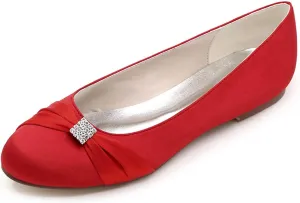 Women's Round Toe Satin Flats with Rhinestone Detail, Comfortable Dress Shoes for Wedding, Bridal, & Everyday Wear - Slip-On Pumps & Sandals