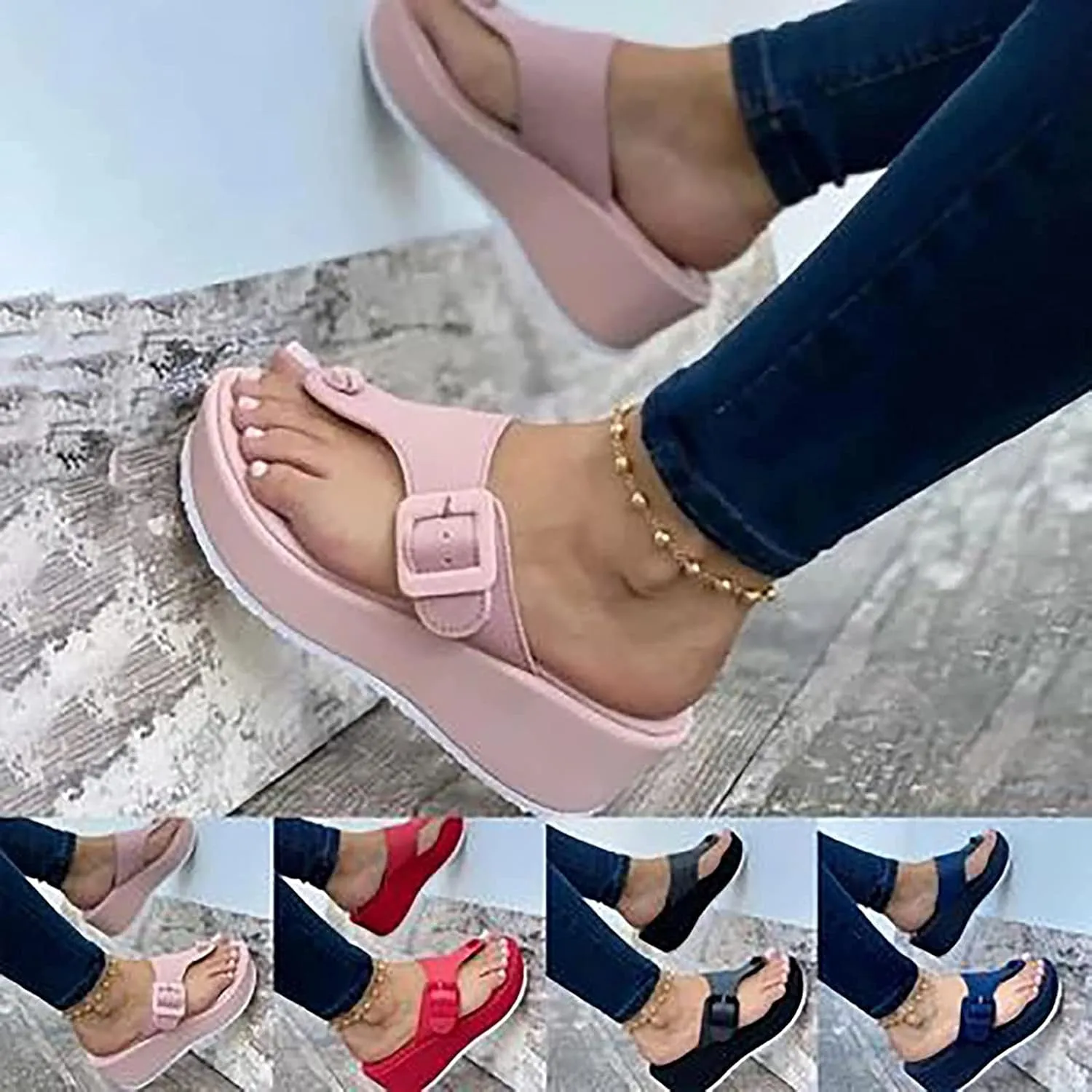 Womens Sandals Wedges Platform Slip on Flip Flop Slippers Sandals Faux Leather Open Toe Mule Loafer Moccasins Summer Arch Support Beach Shoes,Red,US5/EU36