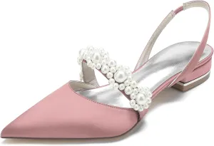 Women's Satin Pearls Boho Beach Wedding Flats Shoes for Bride Pointed Toe Slingback Bridesmaid Shoes Dressy Flats