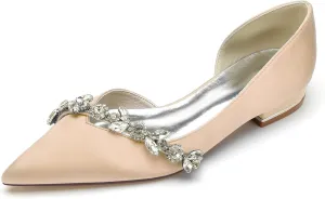 Women's Satin Wedding Flats Crystal Pointed Toe Pumps Shoes for Bride Prom Evening Party Dress Flats Sandals