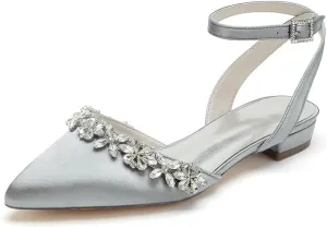 Women's Satin Wedding Flats for Bride Bridal Shoes Low Heel Closed Pointy Toe Pumps Ankle Strap Sandals