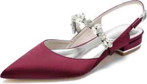 Women's Satin Wedding Flats Pointed Toe Slingback Flats for Bride Rhinestone Bridal Shoes Evening Prom Party Dress Shoes Pumps
