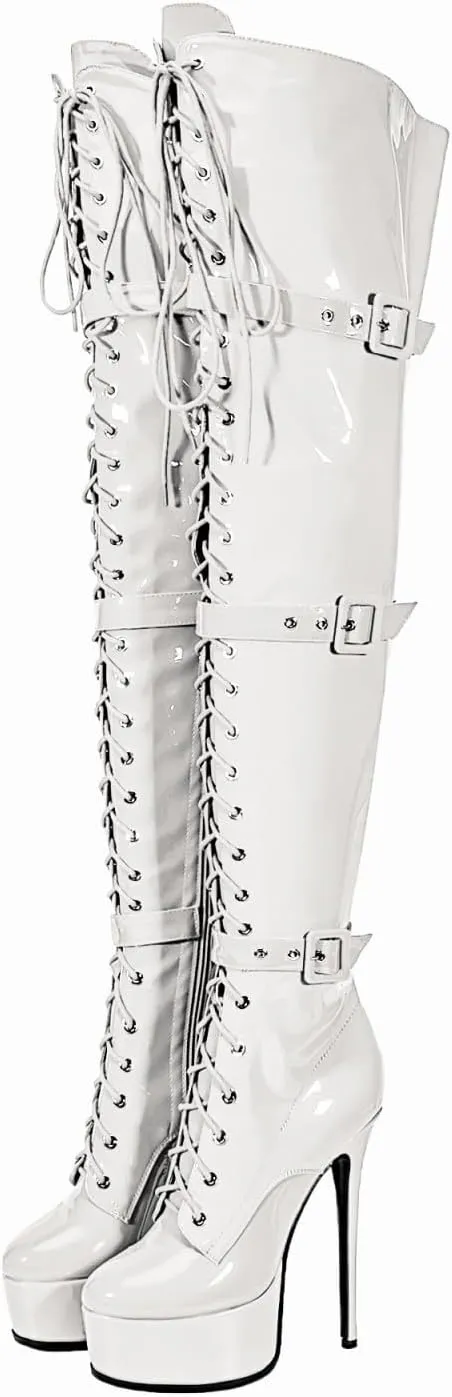 Women's Sexy Thigh High Heels Cross Lace Up Over Knee Platform Boots Unisex Round Head Plus Size