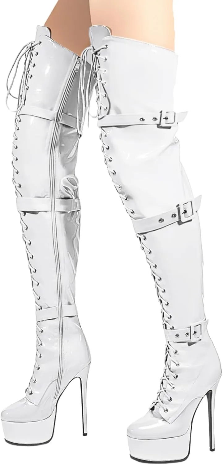 Women's Sexy Thigh High Heels Cross Lace Up Over Knee Platform Boots Unisex Round Head Plus Size