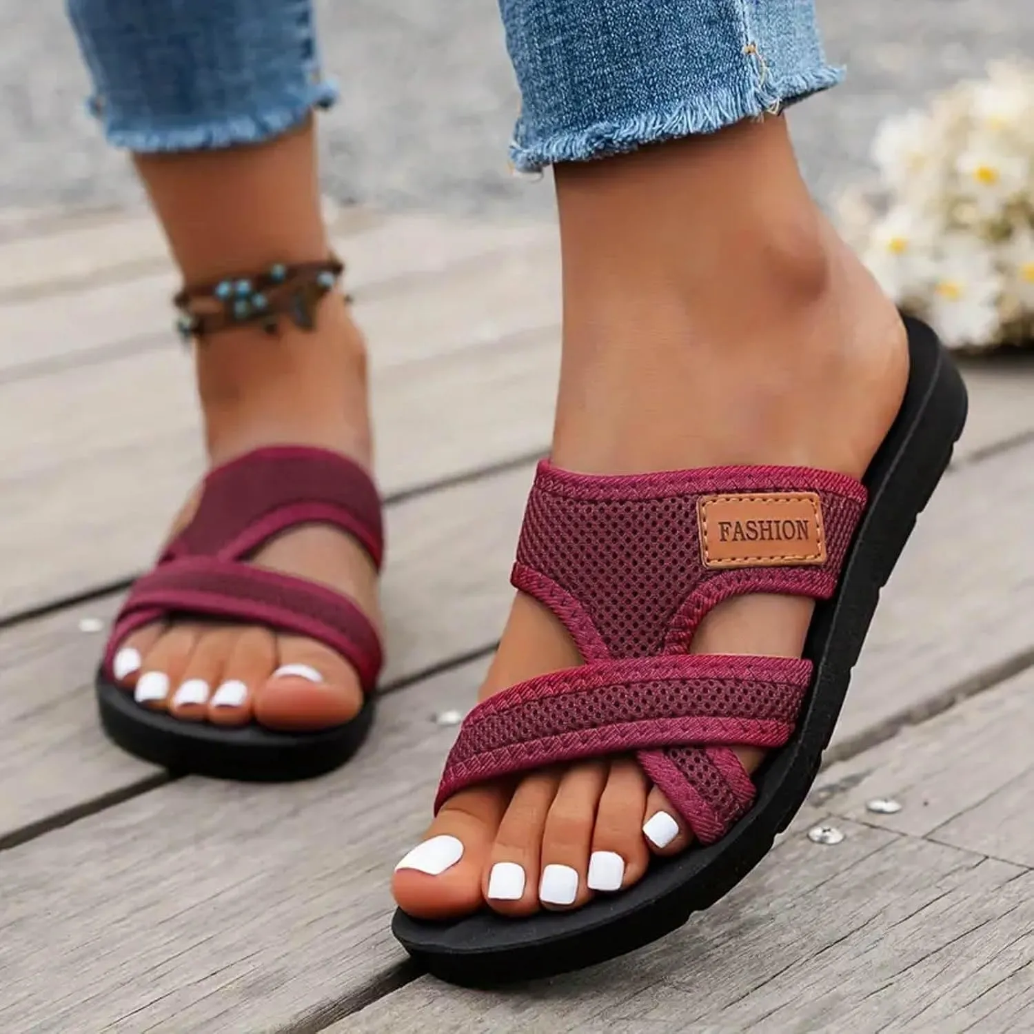 Women's Slide Sandals,Orthopedic Sandals for Women,Flip Flops for Women Dressy Summer Split Toe Hollow Mesh Slide Sandals Comfy Arch Support Non-Slip Sole Comfortable Beach Walking Sandals