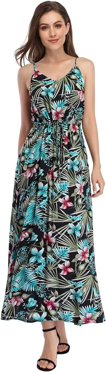 Women's Strap Maxi Hawaiian V Neck Floral Casual Beach Dresses