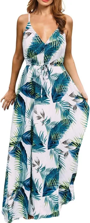 Women's Strap Maxi Hawaiian V Neck Floral Casual Beach Dresses