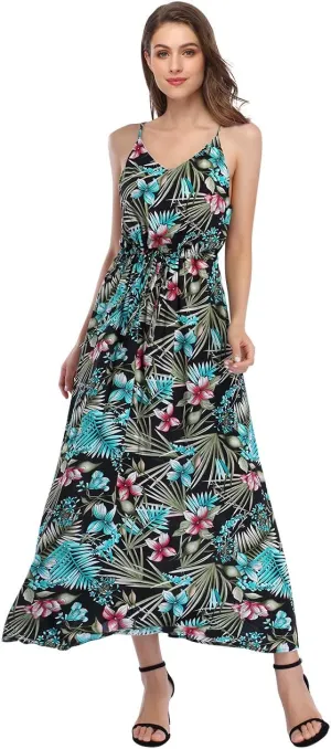 Women's Strap Maxi Hawaiian V Neck Floral Casual Beach Dresses