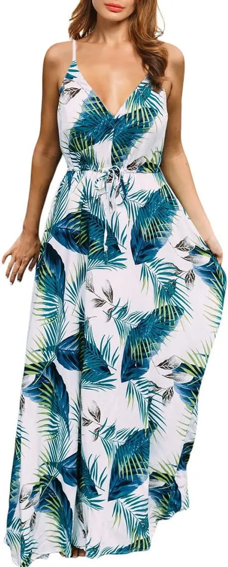 Women's Strap Maxi Hawaiian V Neck Floral Casual Beach Dresses
