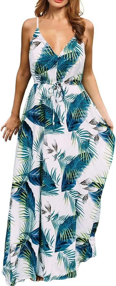 Women's Strap Maxi Hawaiian V Neck Floral Casual Beach Dresses