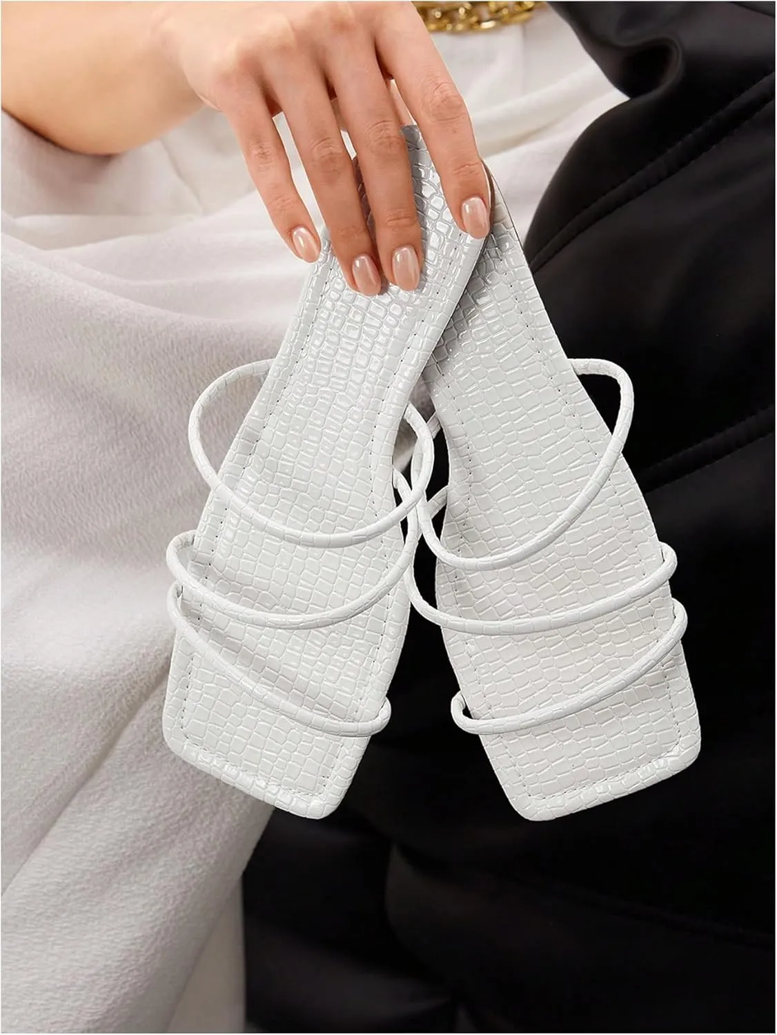 Women's Strappy Sandals Dressy Square Open Toe Thin Strap Slip on Vacation Flats