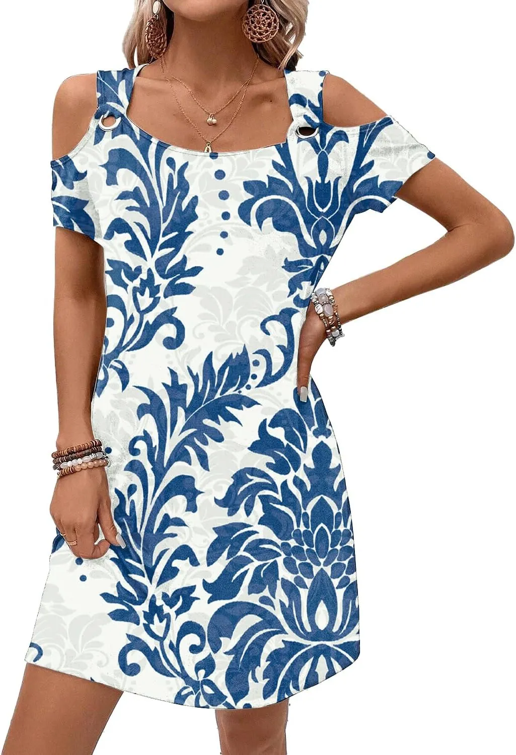 Womens Summer Dress Cold Shoulder Scoop Neck Short Sleeve Spaghetti Strap with O Ring Fashion Sundress with Pockets