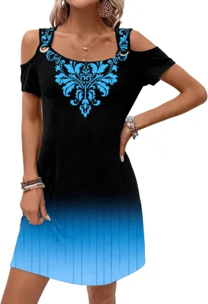 Womens Summer Dress Cold Shoulder Scoop Neck Short Sleeve Spaghetti Strap with O Ring Fashion Sundress with Pockets
