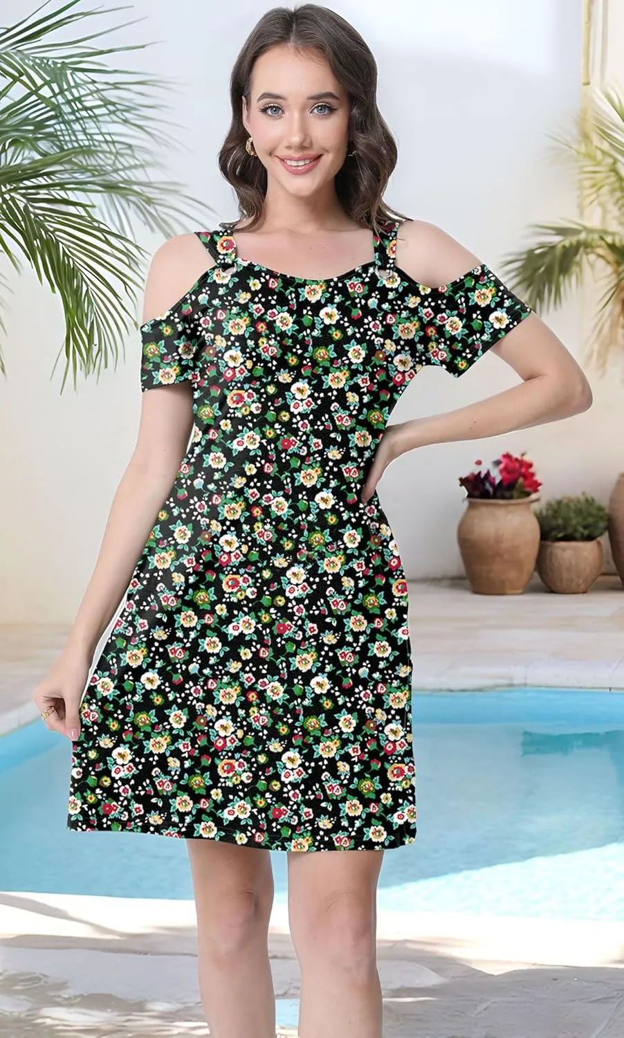 Womens Summer Dress Cold Shoulder Scoop Neck Short Sleeve Spaghetti Strap with O Ring Fashion Sundress with Pockets