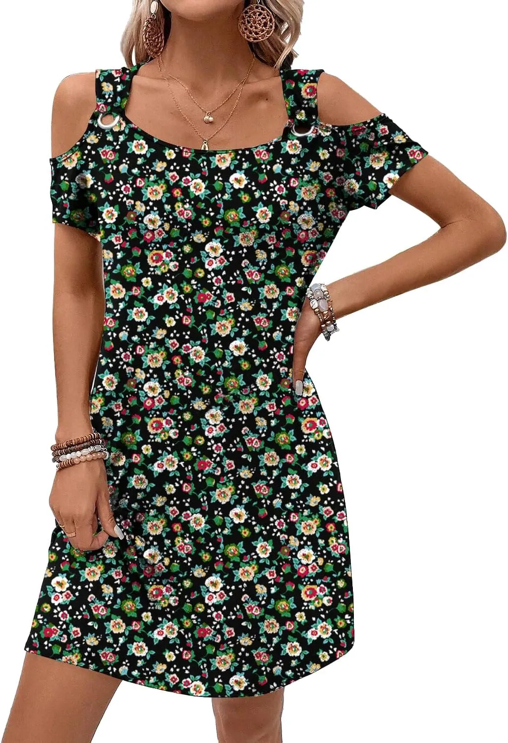 Womens Summer Dress Cold Shoulder Scoop Neck Short Sleeve Spaghetti Strap with O Ring Fashion Sundress with Pockets