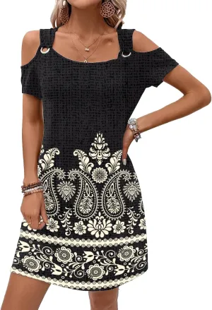 Womens Summer Dress Cold Shoulder Scoop Neck Short Sleeve Spaghetti Strap with O Ring Fashion Sundress with Pockets