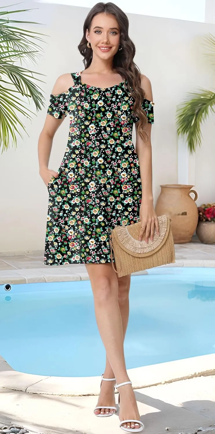 Womens Summer Dress Cold Shoulder Scoop Neck Short Sleeve Spaghetti Strap with O Ring Fashion Sundress with Pockets