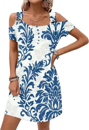 Womens Summer Dress Cold Shoulder Scoop Neck Short Sleeve Spaghetti Strap with O Ring Fashion Sundress with Pockets