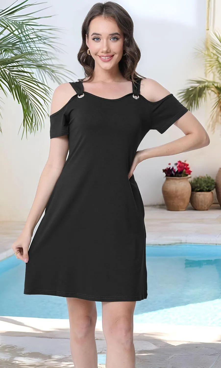 Womens Summer Dress Cold Shoulder Scoop Neck Short Sleeve Spaghetti Strap with O Ring Fashion Sundress with Pockets