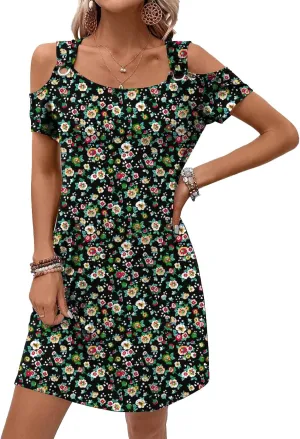 Womens Summer Dress Cold Shoulder Scoop Neck Short Sleeve Spaghetti Strap with O Ring Fashion Sundress with Pockets