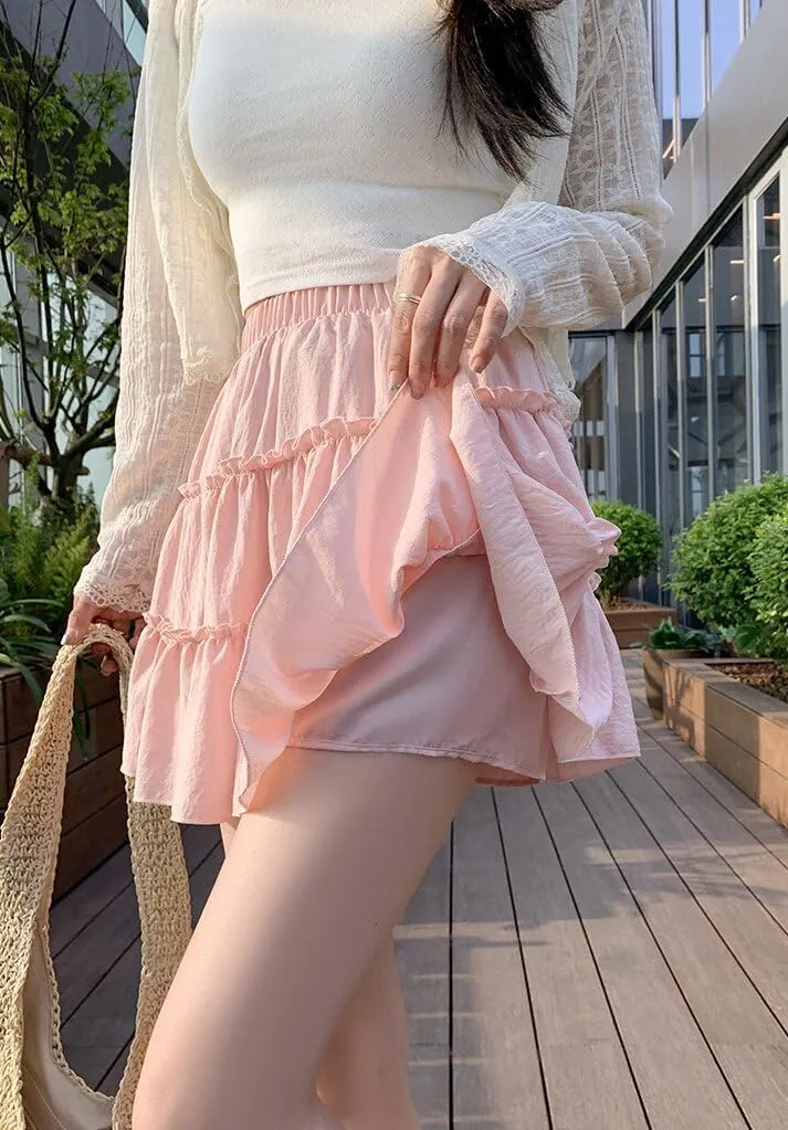Womens Summer Pleated Mini Skirt Elastic Waist Layer Ruffle Hem Flowy Fashion A Line Y2k Casual Short Skirt