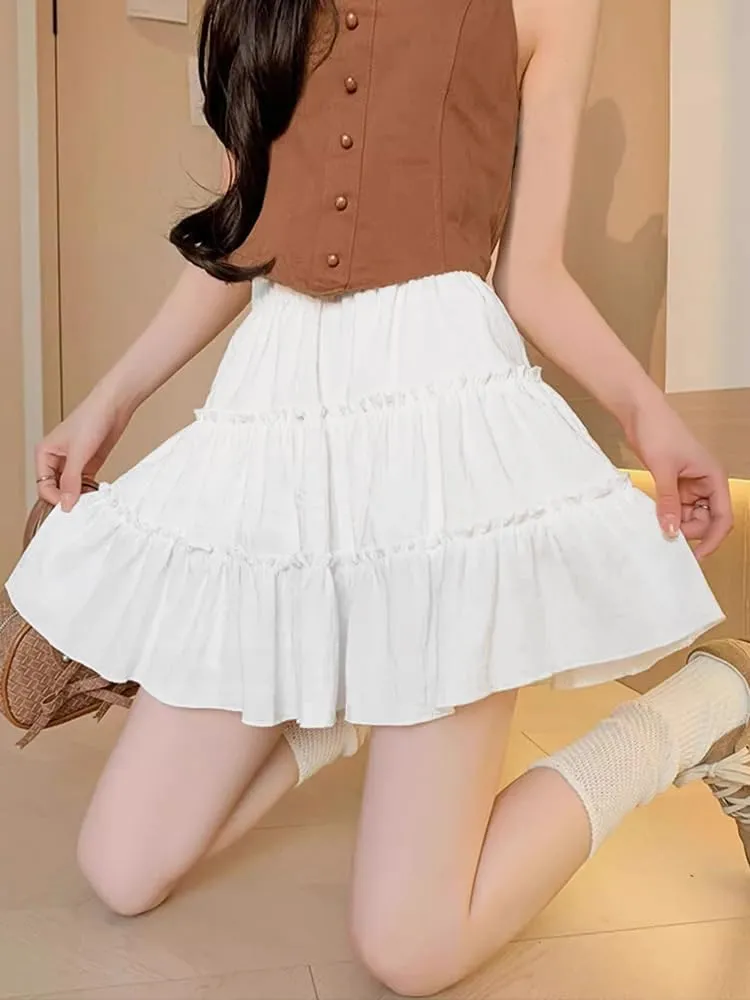 Womens Summer Pleated Mini Skirt Elastic Waist Layer Ruffle Hem Flowy Fashion A Line Y2k Casual Short Skirt