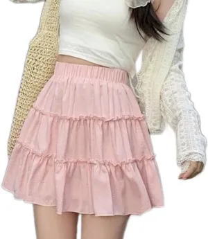 Womens Summer Pleated Mini Skirt Elastic Waist Layer Ruffle Hem Flowy Fashion A Line Y2k Casual Short Skirt