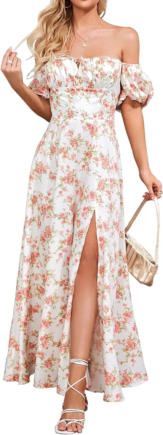 Women's Summer Puff Sleeve Floral Split Maxi Dress Flowy A Line Casual Beach Long Dresses 2025