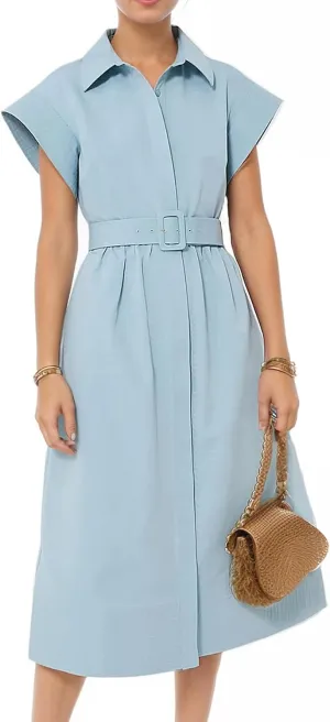Womens Turn Down Collar Shirt Dress Short Wing Sleeve Button Down Dress Trench Coat Formal Elegant with Belt Lightblue