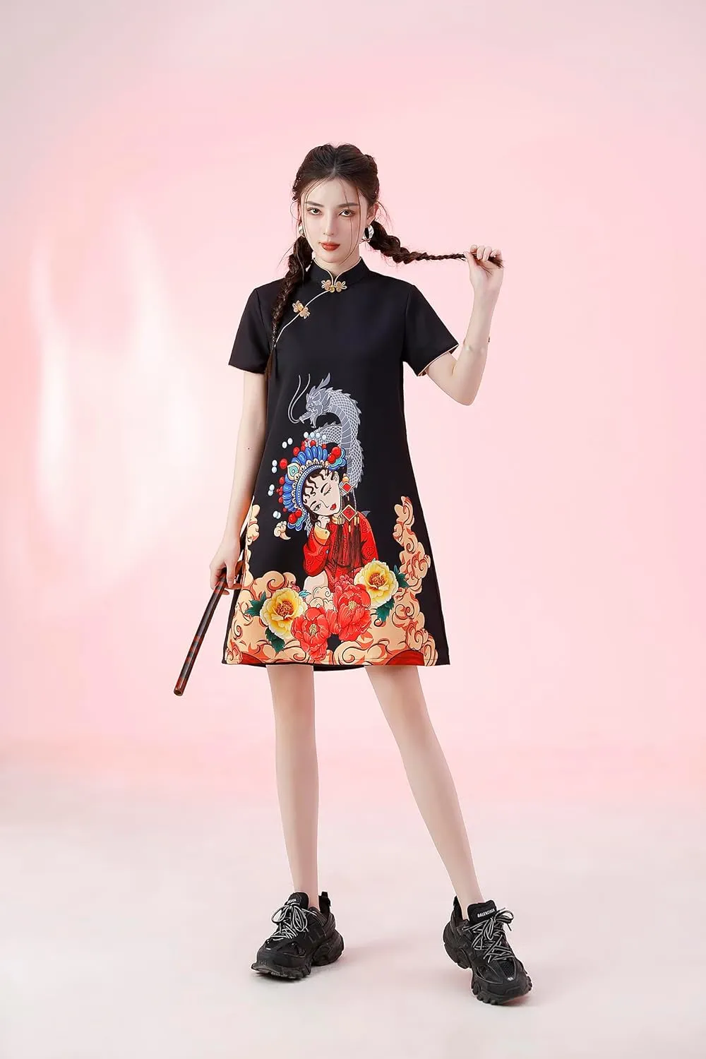 Women's Vintage Chinese Cheongsam Print Dress Short Sleeve Retro Side Slit Mini Loose Dress