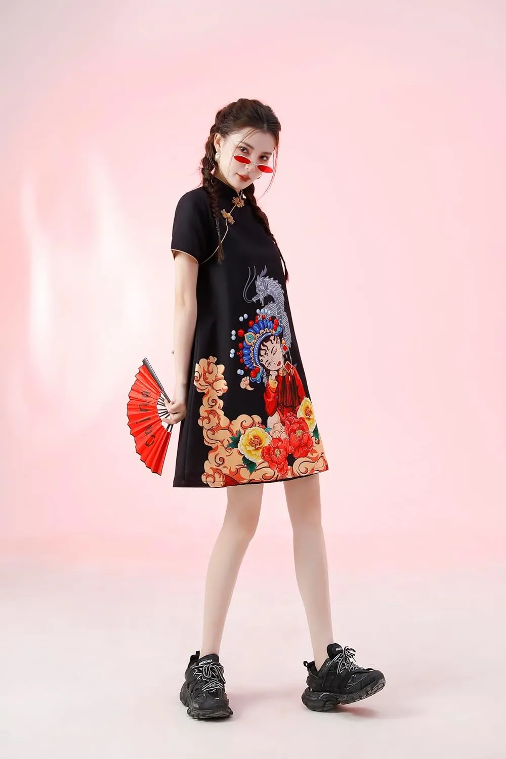 Women's Vintage Chinese Cheongsam Print Dress Short Sleeve Retro Side Slit Mini Loose Dress