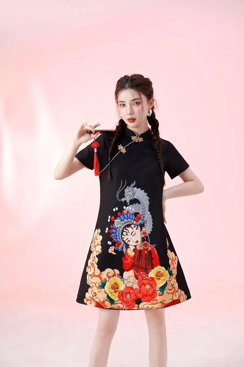 Women's Vintage Chinese Cheongsam Print Dress Short Sleeve Retro Side Slit Mini Loose Dress