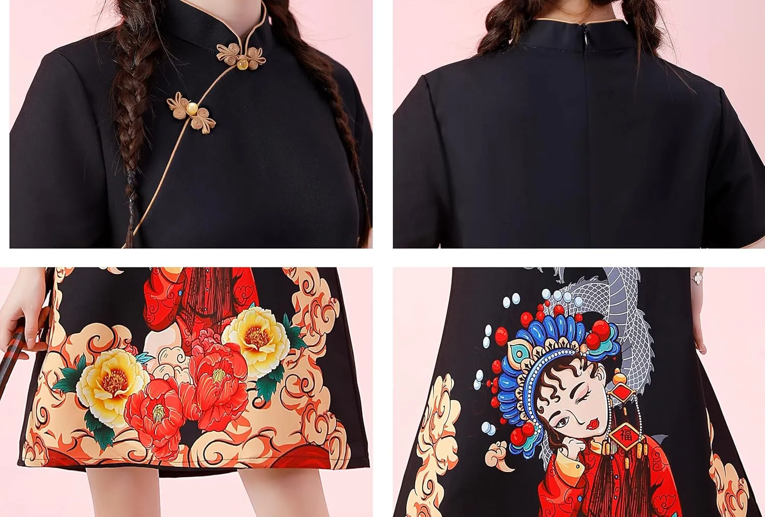Women's Vintage Chinese Cheongsam Print Dress Short Sleeve Retro Side Slit Mini Loose Dress
