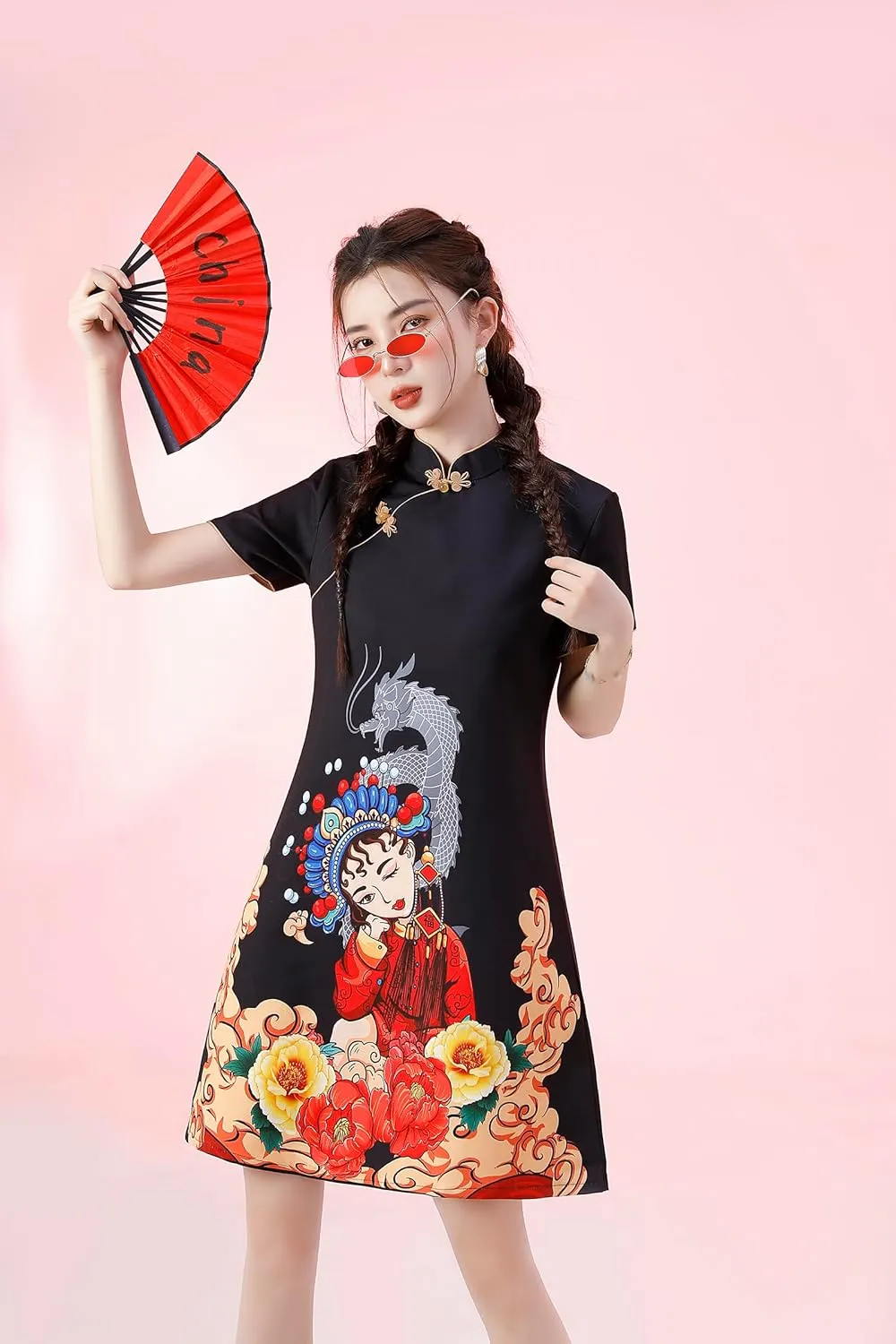 Women's Vintage Chinese Cheongsam Print Dress Short Sleeve Retro Side Slit Mini Loose Dress