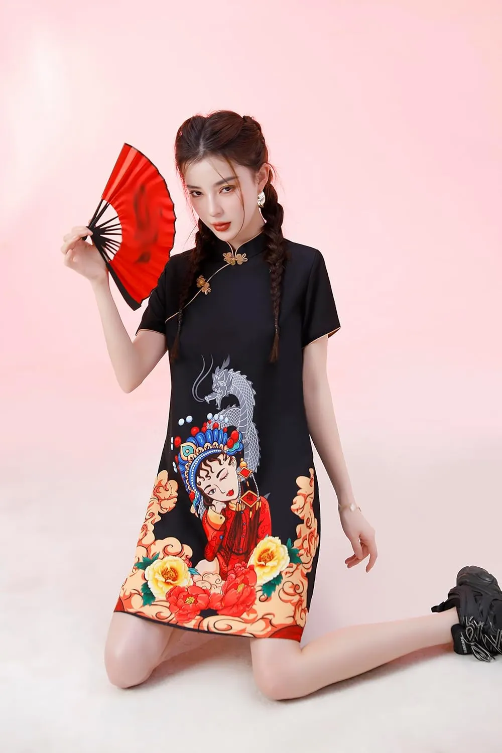 Women's Vintage Chinese Cheongsam Print Dress Short Sleeve Retro Side Slit Mini Loose Dress