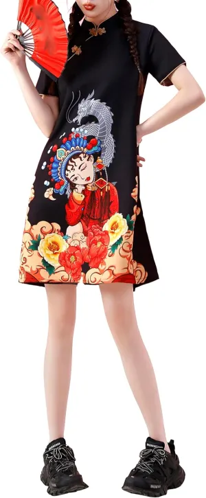 Women's Vintage Chinese Cheongsam Print Dress Short Sleeve Retro Side Slit Mini Loose Dress