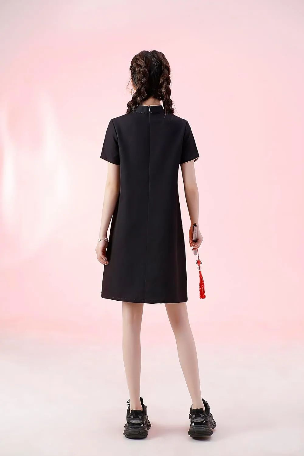 Women's Vintage Chinese Cheongsam Print Dress Short Sleeve Retro Side Slit Mini Loose Dress