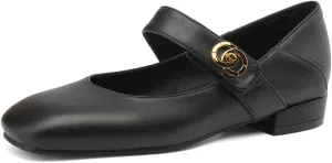 Women's Vintage Hook and Loop Fastener Metallic Strap Mary Jane Flats Comfortable Closed Square Toe Low Heeled All Weather Slip On for Casual Party Dress Business Shopping Ballet Shoes