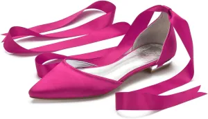 Women's Wedding Shoes Flats for Bridesmaids Closed Toe Satin Bridal Dressy Bridal Flats Shoes with Ribbon