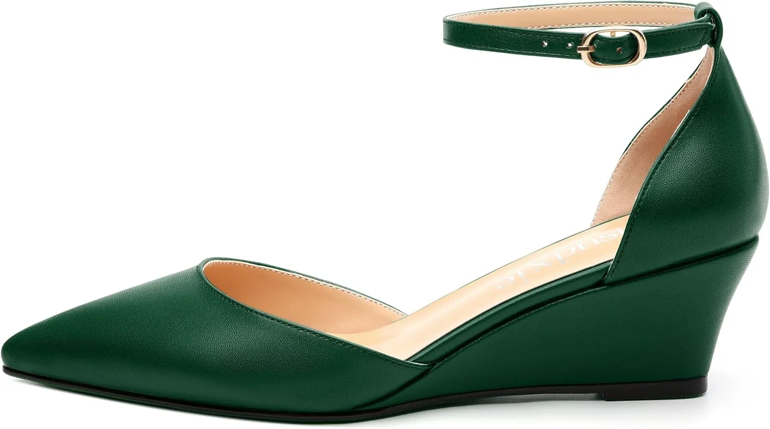 Womens Wedge Pumps, Pointed Toe Low Heel Wedges with Ankle Strap for Evening Party Dress Casual 2 Inch