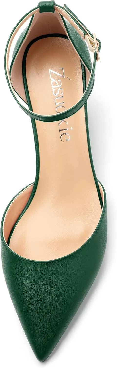 Womens Wedge Pumps, Pointed Toe Low Heel Wedges with Ankle Strap for Evening Party Dress Casual 2 Inch