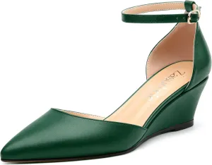 Womens Wedge Pumps, Pointed Toe Low Heel Wedges with Ankle Strap for Evening Party Dress Casual 2 Inch
