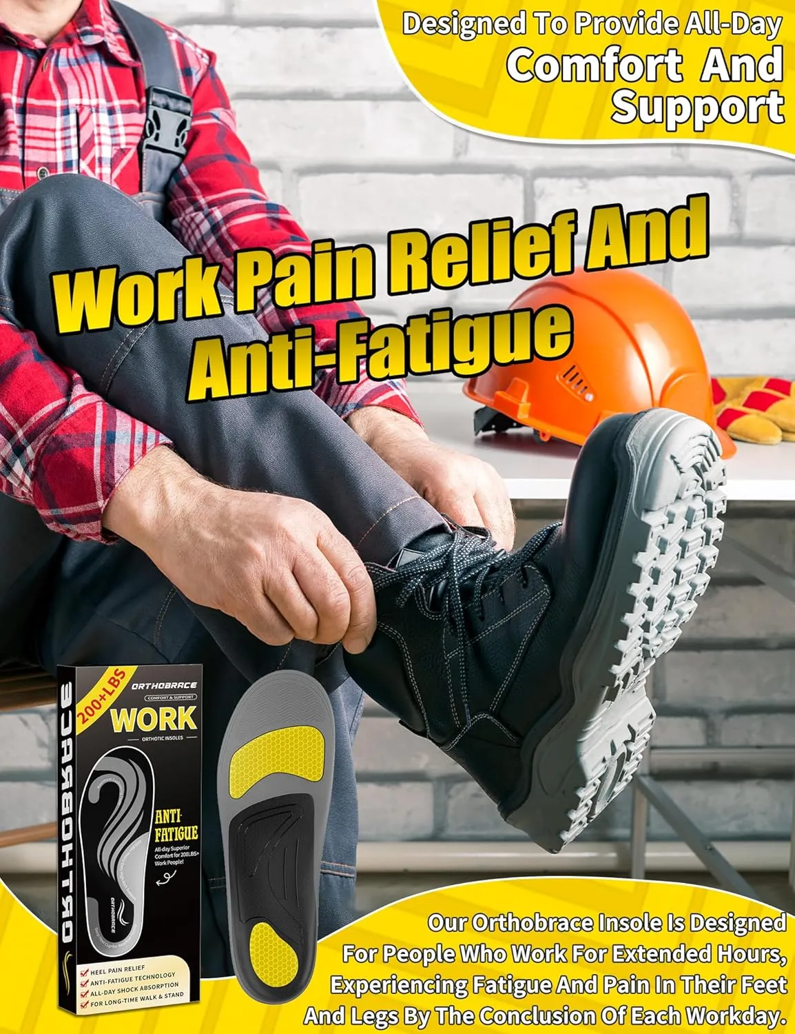 Work Insoles for Standing All Day, 200 lbs Heavy Duty High Arch Support Inserts, Foot Pain Relief for Plantar Fasciitis, Anti Fatigue,Work Boot Shoe Insoles Men Women-M